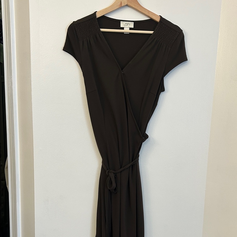 LOFT Women's Elegant Chocolate Brown Midi Wrap Dress